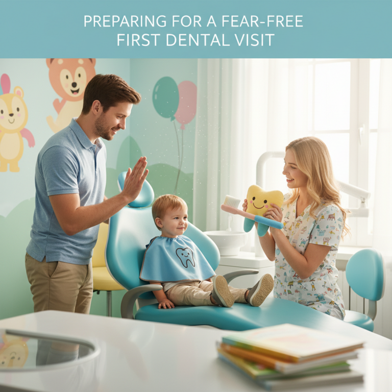 Child's first dental visit prep: happy kid, dentist, anxiety-free, pediatric, teeth cleaning.