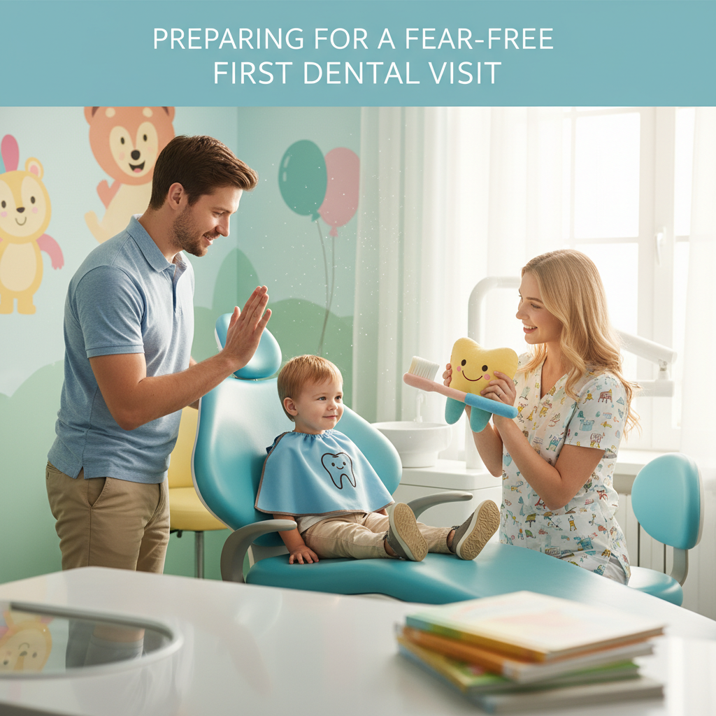 Child's first dental visit prep: happy kid, dentist, anxiety-free, pediatric, teeth cleaning.