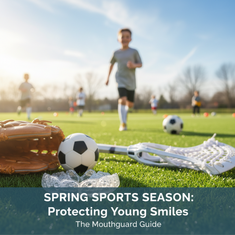 Child smiling with mouthguard. Spring sports, dental protection, teeth, mouthguard safety.