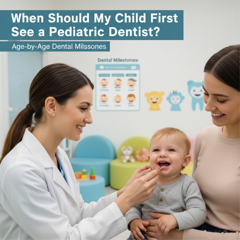 Child's first dental visit timeline: Pediatric dentist milestones, baby teeth, dental care age guide.