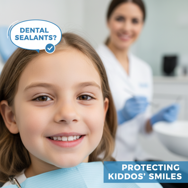 Child getting dental sealant. Protect teeth from cavities, tooth decay. Pediatric dentistry.