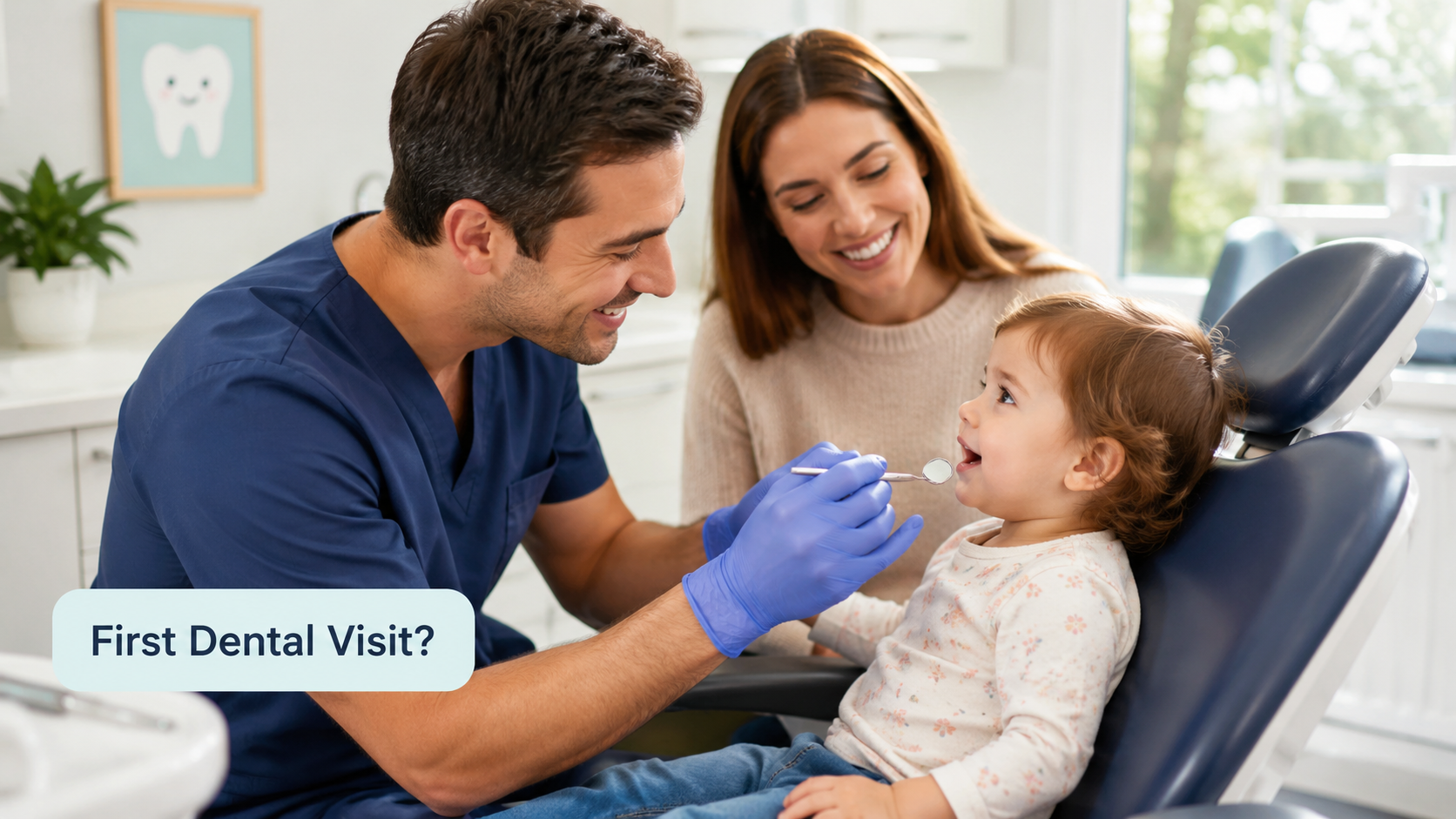Dentist examining toddler's teeth with smiling mother nearby