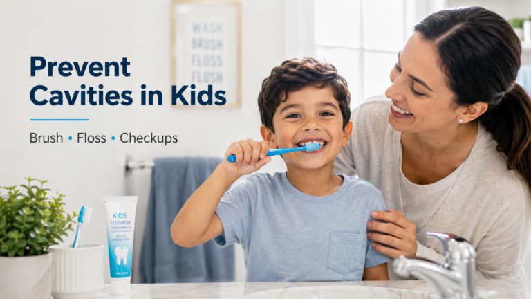 Mother helping young boy brush teeth in bathroom