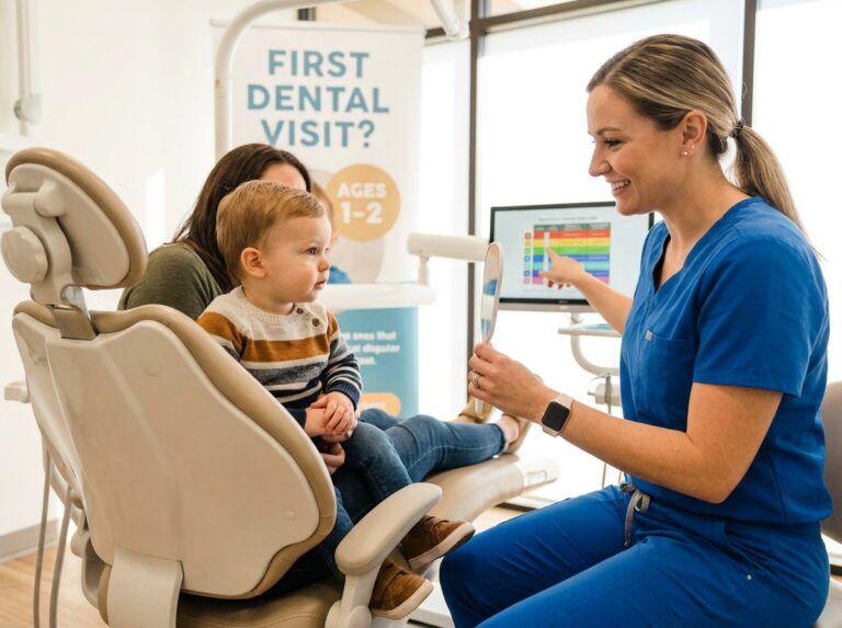 Dentist showing mirror to toddler during first dental visit