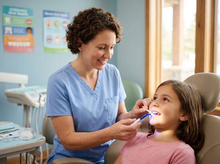 Pediatric dentist applying protective dental sealants on a child's molar teeth for kids cavity prevention.