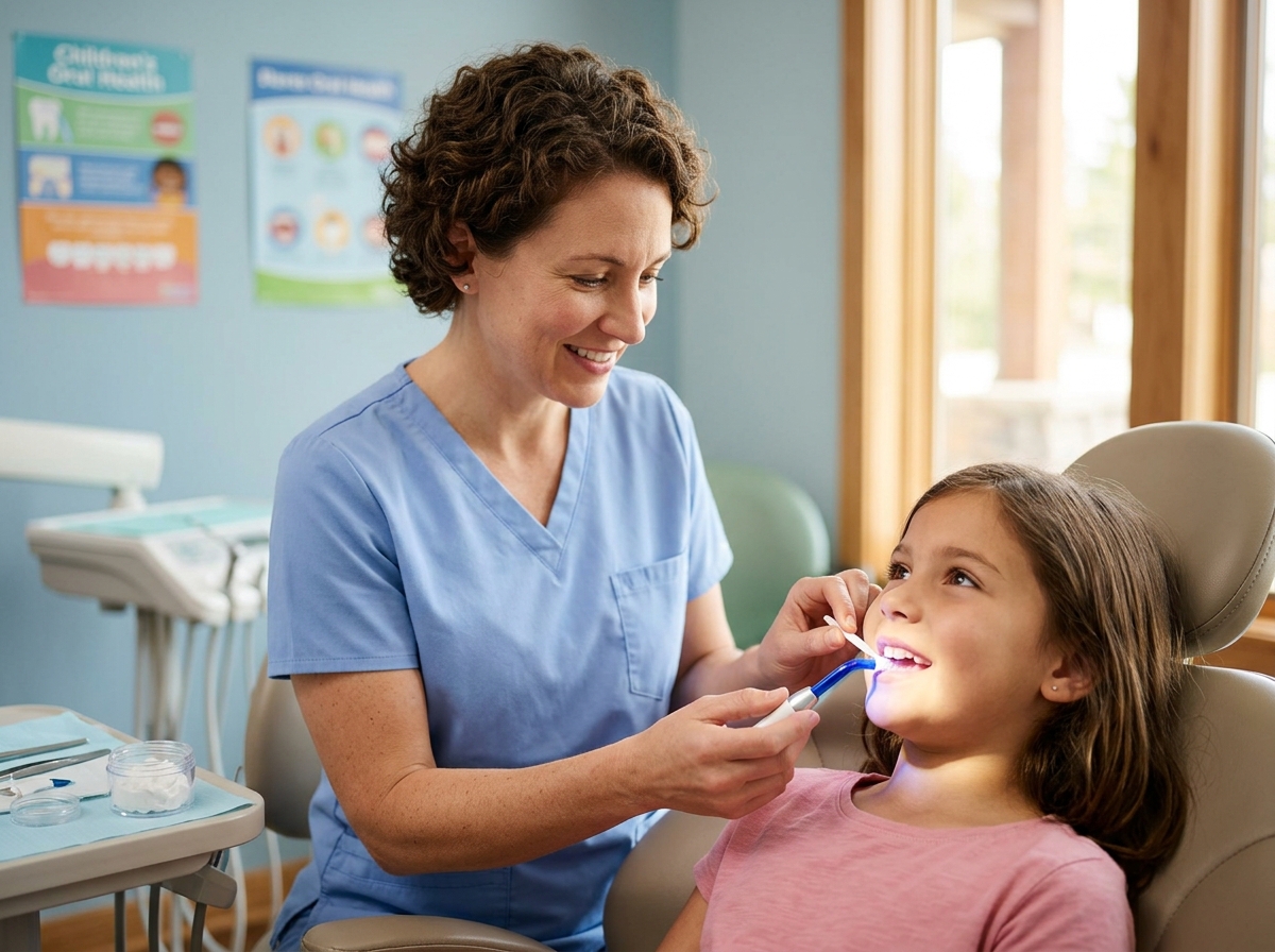Pediatric dentist applying protective dental sealants on a child's molar teeth for kids cavity prevention.