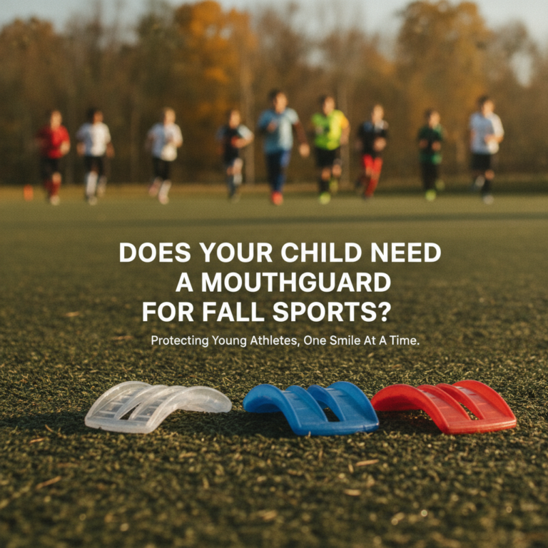 Three mouthguards on soccer field with kids playing