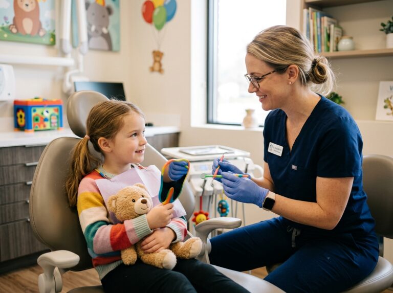 Friendly pediatric dentist reassuring a fearful child in a dental chair to ease anxiety during a checkup.