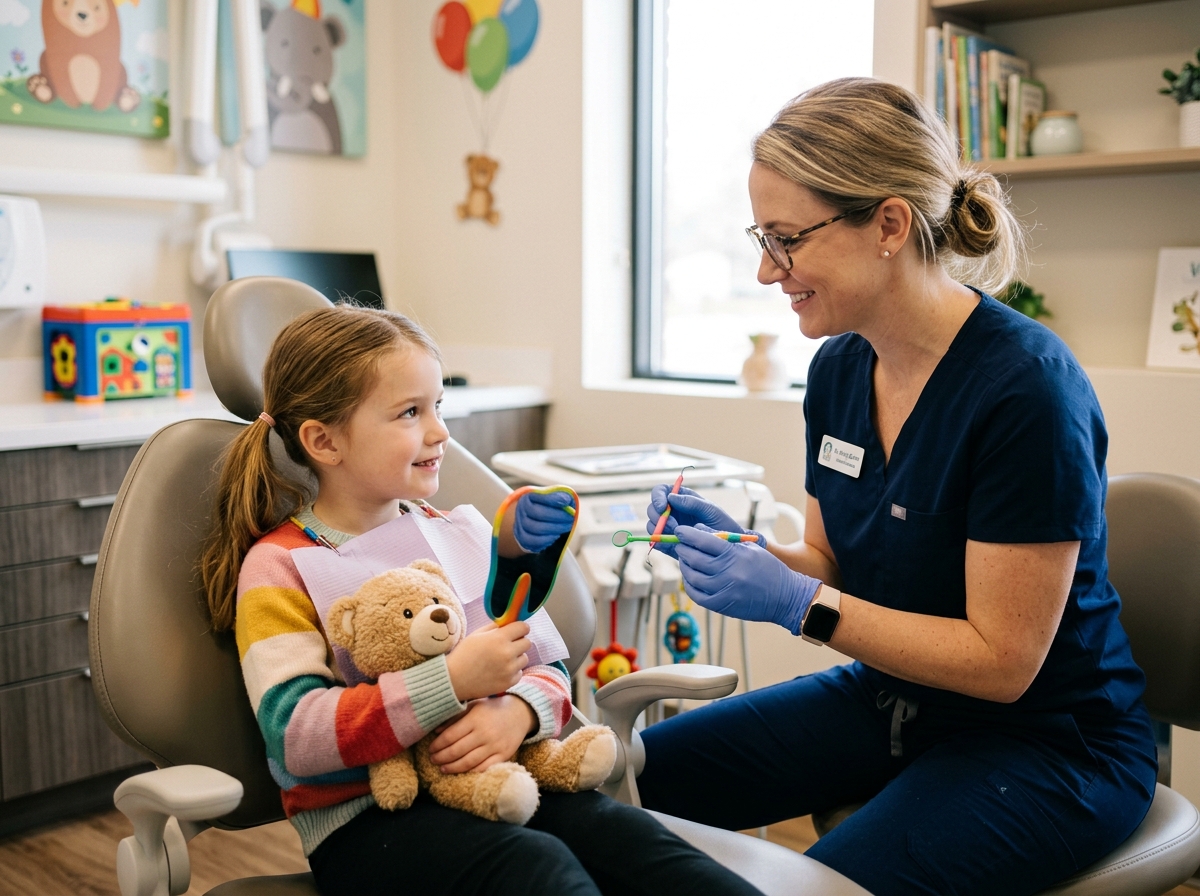 Friendly pediatric dentist reassuring a fearful child in a dental chair to ease anxiety during a checkup.