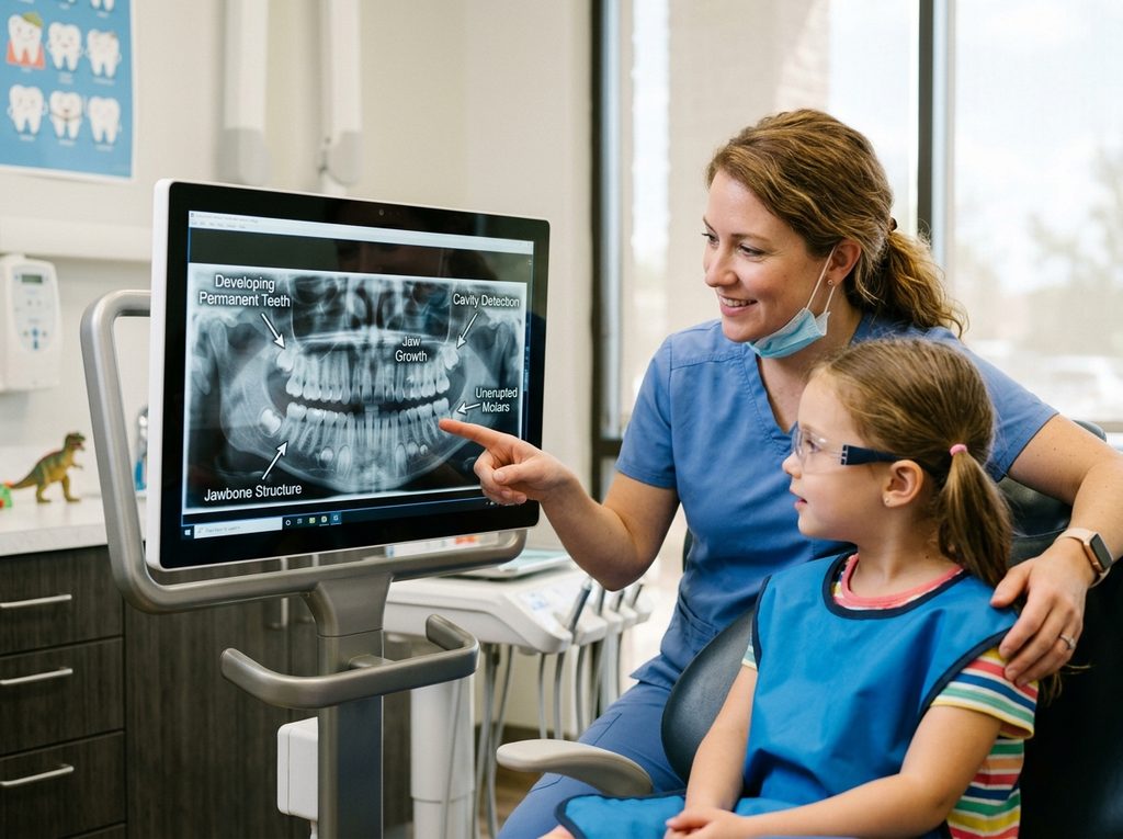 Dentist showing young girl her dental X-ray on screen