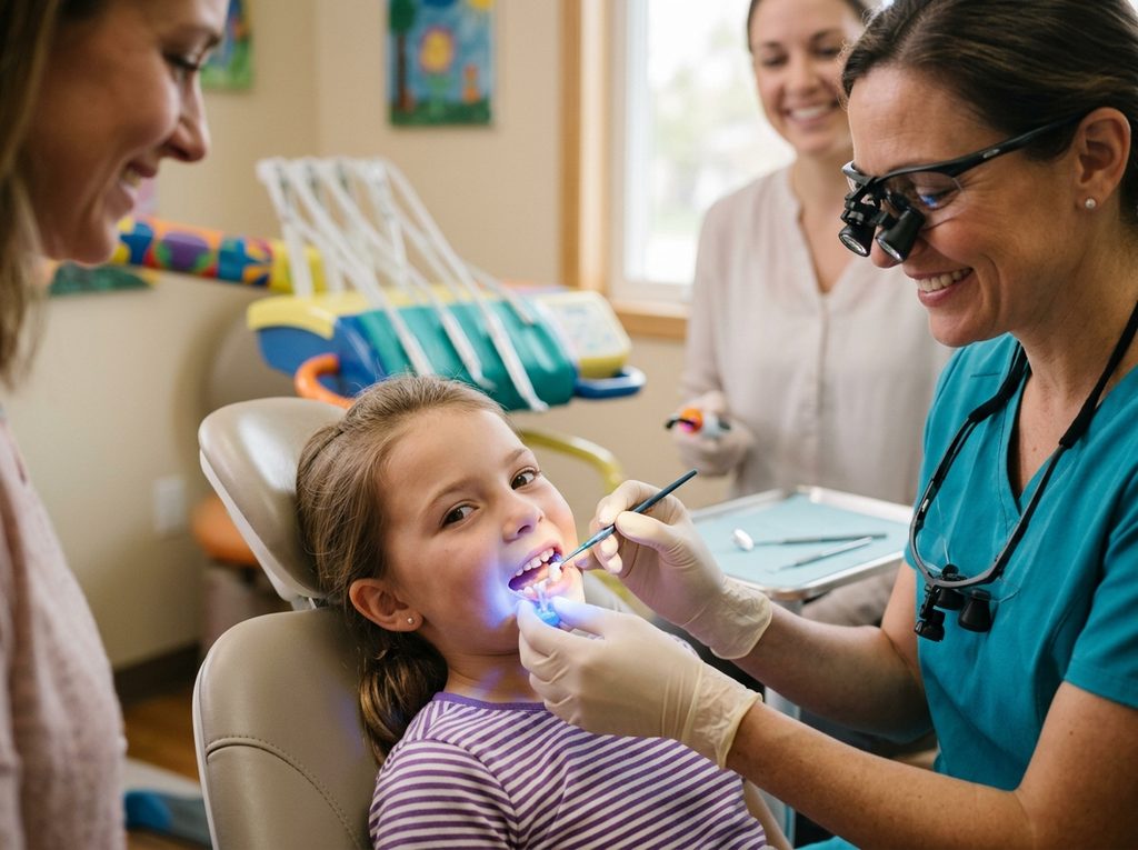 Young girl receiving dental exam from smiling female dentist