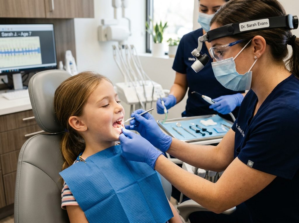Dentist Dr. Sarah Evans examining young girl's teeth