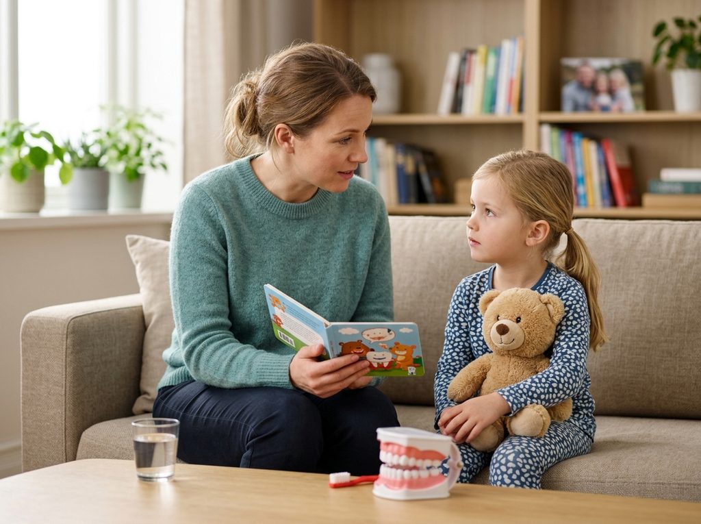 Mother teaching young daughter about dental hygiene at home