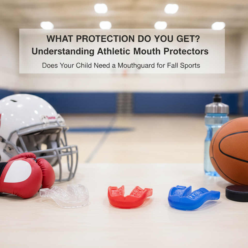 Athletic mouthguards displayed with football helmet and sports equipment