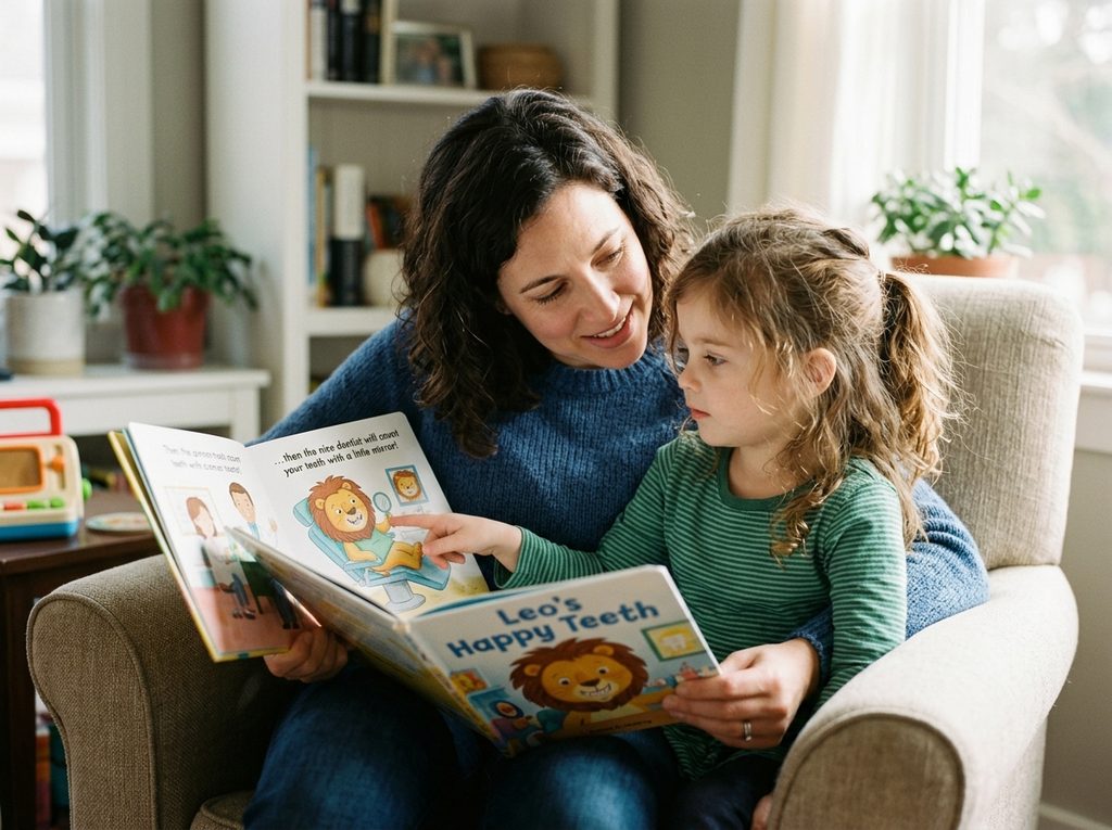 Mother and young daughter reading Leo's Happy Teeth book together