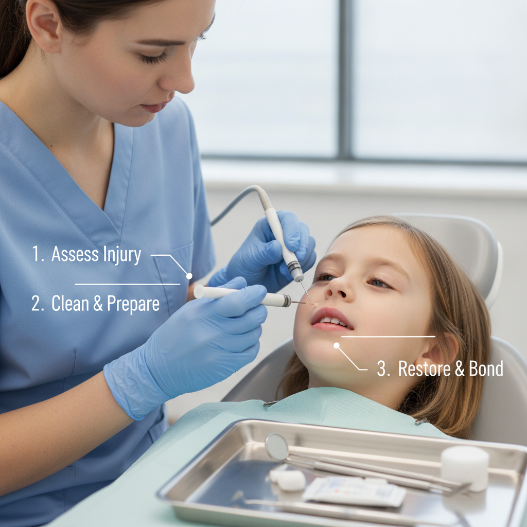 Dentist performing three-step dental treatment on young girl