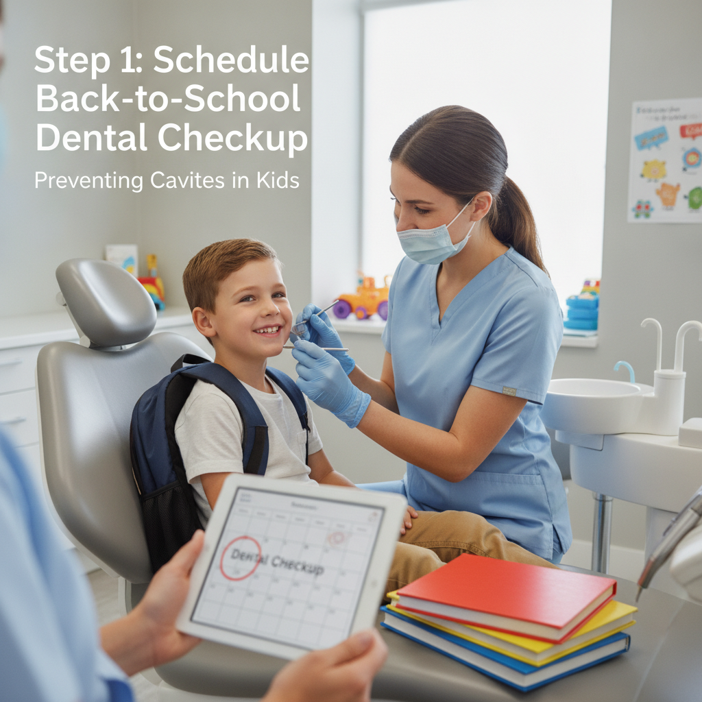 Dentist examining smiling child during back-to-school checkup