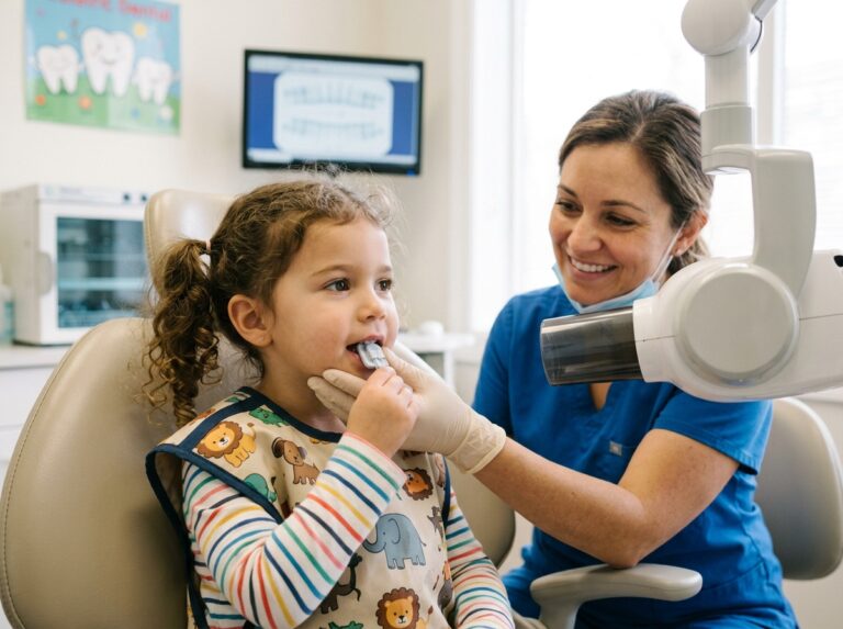 Pediatric dentist taking a smiling child's first dental X-ray during a routine teeth and oral health checkup.