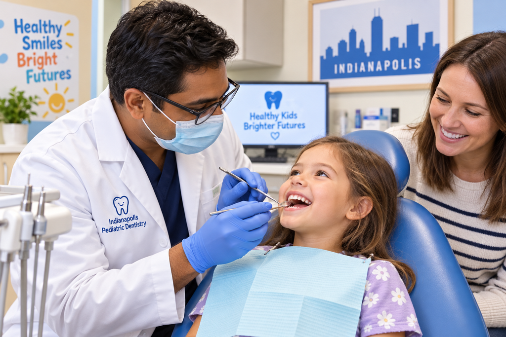 Indianapolis pediatric dentist examining a smiling child patient's teeth in a family dental clinic.