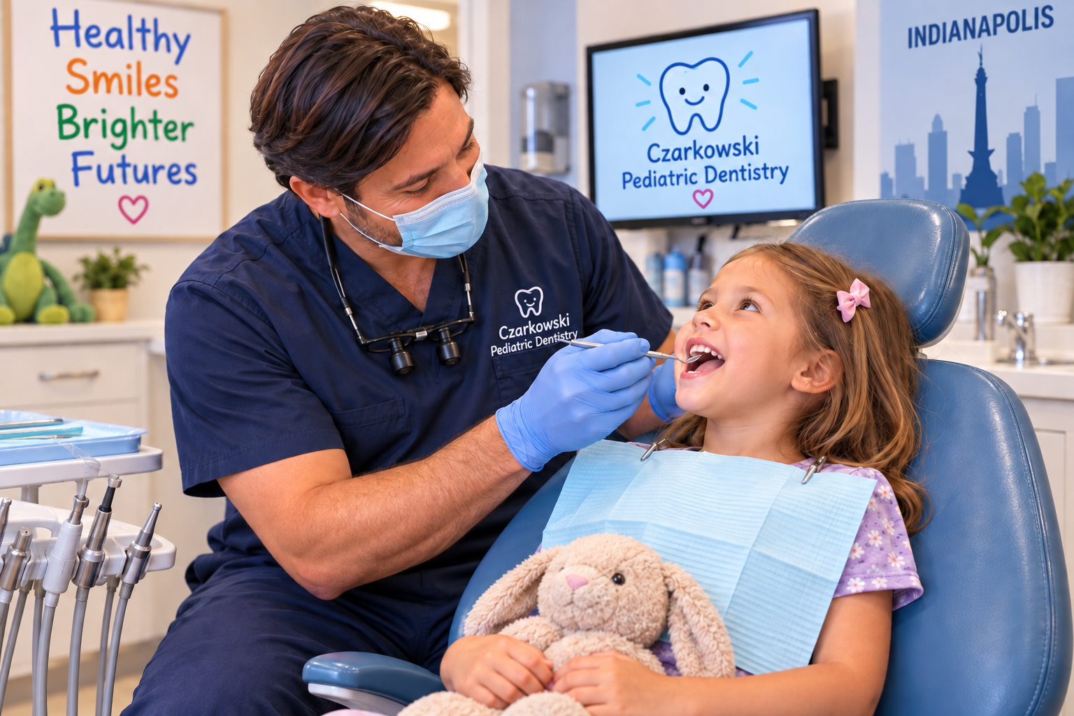 Indianapolis pediatric dentist examining a young child's teeth during their first dental checkup visit.